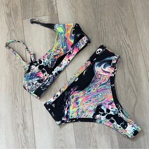Rave Psychedelic Bikini acid wash womens Black (small) cheeky